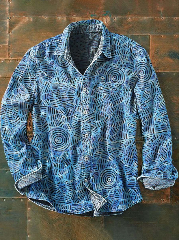 Men's Vintage Swirl Print Casual Lapel Long Sleeve Shirt