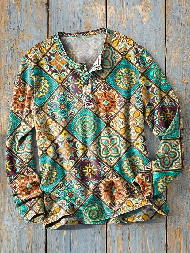 Men's Vintage Colorful Geometric Mandala Art Print Long Sleeve Henley Shirt
