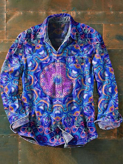 Men's Tribal Abstract Floral Print Casual Lapel Long Sleeve Shirt