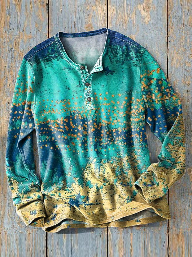 Men's Vintage Colorful Irregular Art Print Long Sleeve Henley Shirt