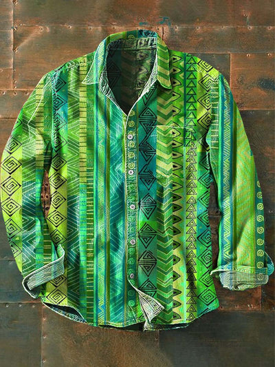 Men's Western Print Casual Lapel Long Sleeve Shirt