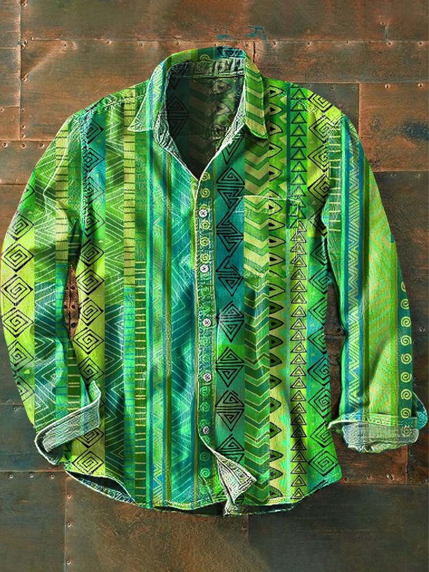 Men's Western Print Casual Lapel Long Sleeve Shirt