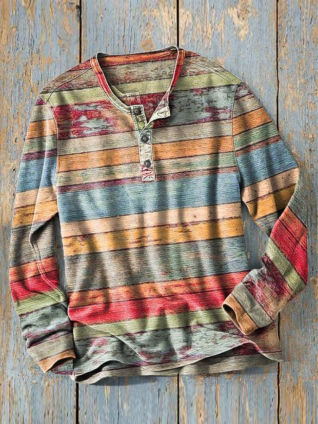 Men's Vintage Colorful Old Stripe Art Print Long Sleeve Henley Shirt