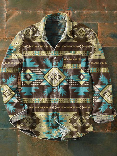 Men's Western Print Casual Lapel Long Sleeve Shirt