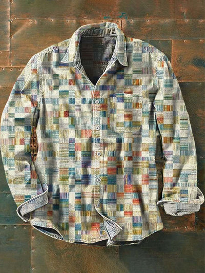 Men's Retro Colorful Square Print Casual Lapel Long Sleeve Shirt