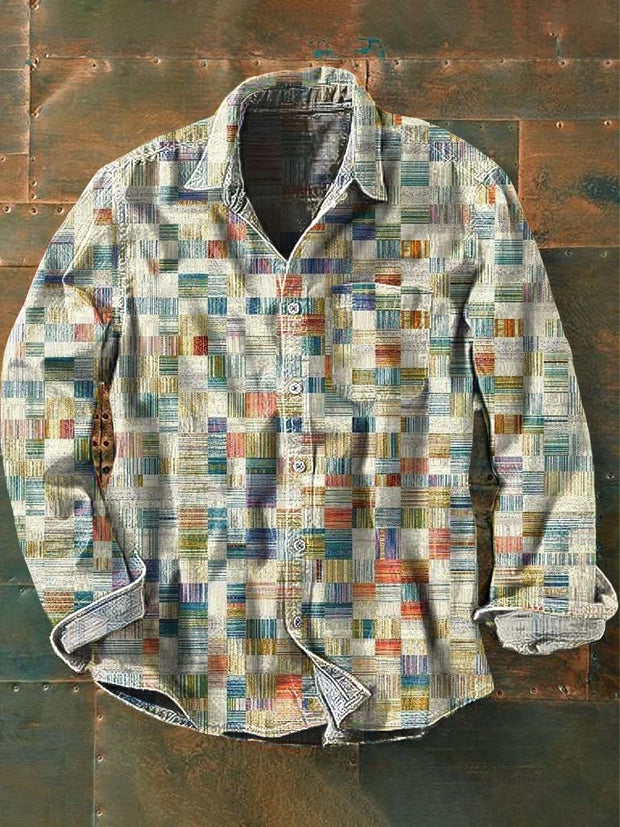 Men's Retro Colorful Square Print Casual Lapel Long Sleeve Shirt