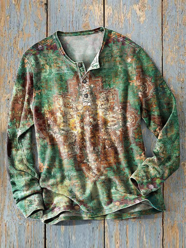 Men's Vintage Ethnic Geometric Old Art Print Long Sleeve Henley Shirt