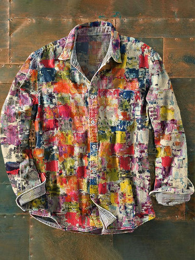 Men's Vintage Rainbow Color Abstract Plaid Art Print Long Sleeve Pocket Shirt