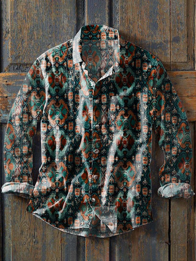 Men's Vintage Western Cowboy Print Casual Lapel Long Sleeve Shirt