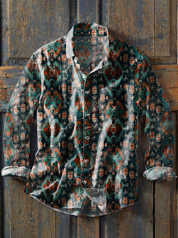 Men's Vintage Western Cowboy Print Casual Lapel Long Sleeve Shirt