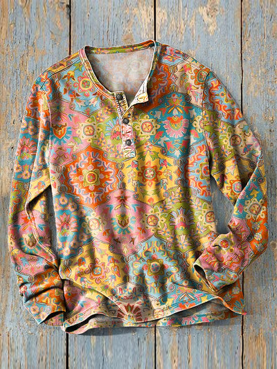 Men's Vintage Ethnic Multicolor Geometric Art Print Long Sleeve Henley Shirt