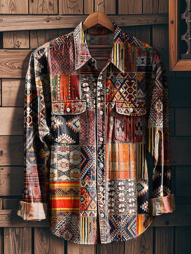 Men's Vintage Abstract Ethnic Striped Art Print Long Sleeve Workwear Pocket Shirt