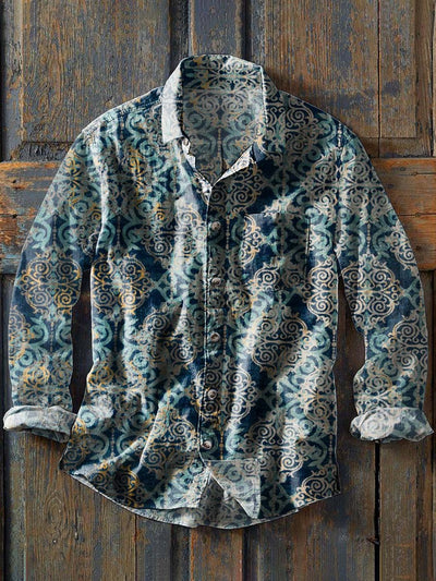 Men's Vintage Western Cowboy Print Casual Lapel Long Sleeve Shirt