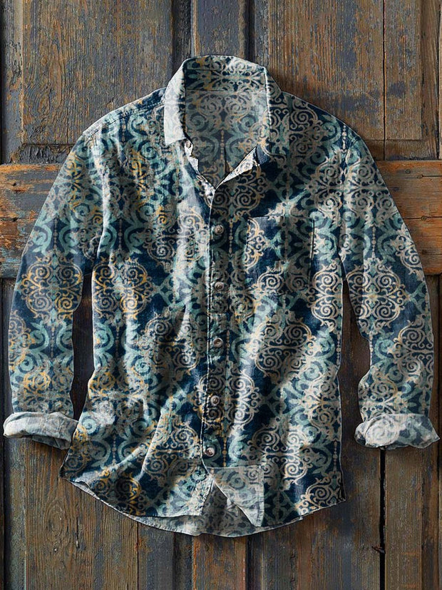 Men's Vintage Western Cowboy Print Casual Lapel Long Sleeve Shirt