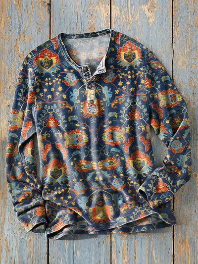 Men's Vintage Ethnic Symmetrical Floral Art Print Long Sleeve Henley Shirt