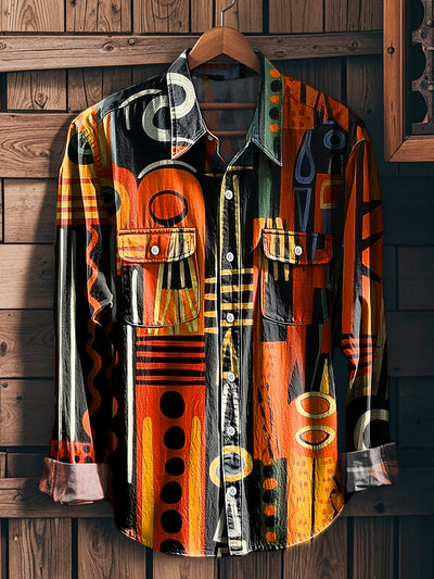 Men's Vintage Abstract Geometric Art Print Long Sleeve Workwear Pocket Shirt