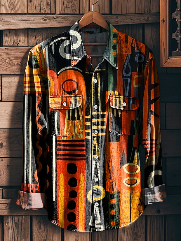 Men's Vintage Abstract Geometric Art Print Long Sleeve Workwear Pocket Shirt