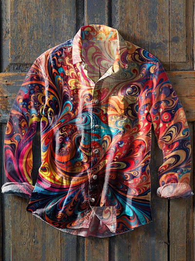 Men's Retro Abstract Print Casual Lapel Long Sleeve Shirt