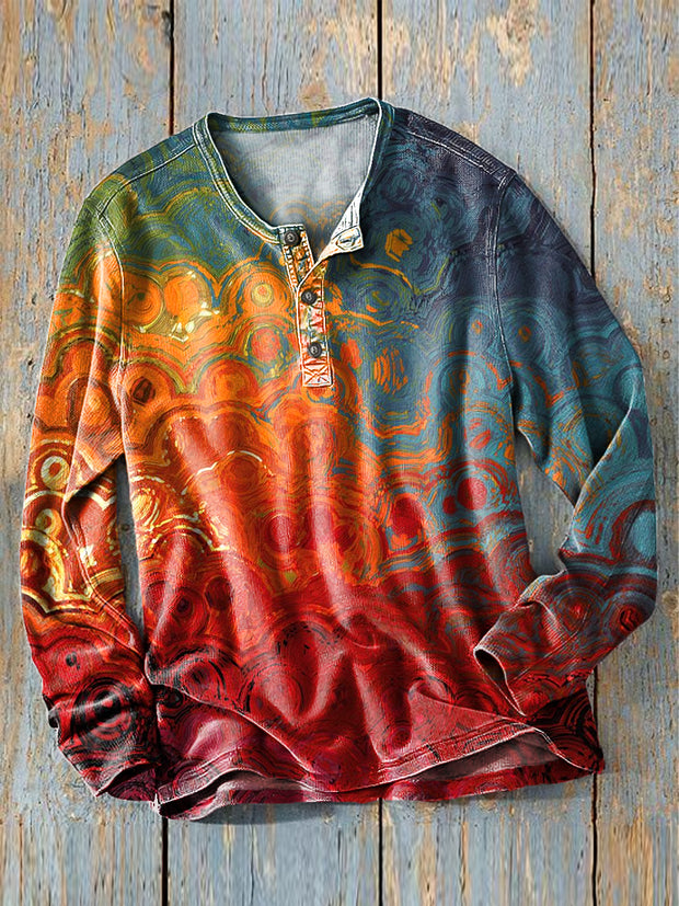 Men's Vintage Gradient Abstract Wave Art Print Long Sleeve Henley Shirt