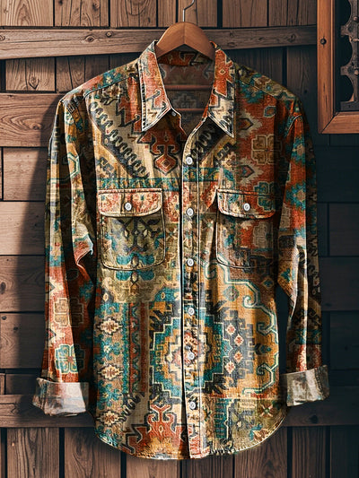 Men's Vintage Ethnic Geometric Floral Art Print Long Sleeve Workwear Pocket Shirt