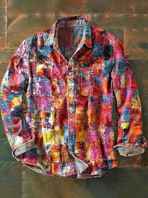 Men's Vintage Abstract Colorful Plaid Graffiti Art Print Long Sleeve Pocket Shirt