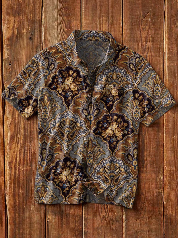 Men's Retro Ethnic Floral Print Casual Lapel Short Sleeve Shirt