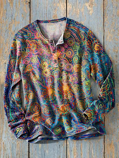Men's Vintage Multicolor Abstract Line Spiral Art Print Long Sleeve Henley Shirt