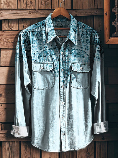 Men's Vintage Gradient Floral Art Print Long Sleeve Workwear Pocket Shirt