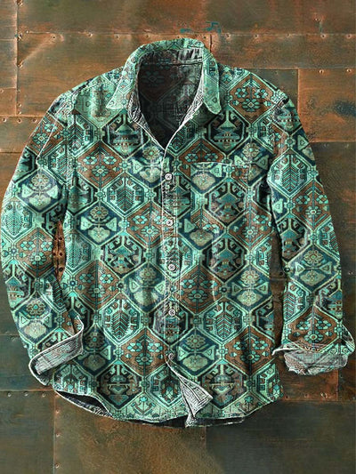 Men's Western Style Print Casual Lapel Long Sleeve Shirt