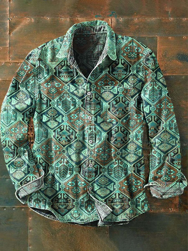 Men's Western Style Print Casual Lapel Long Sleeve Shirt