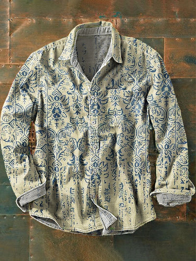 Men's Vintage Abstract Floral Art Print Long Sleeve Pocket Shirt