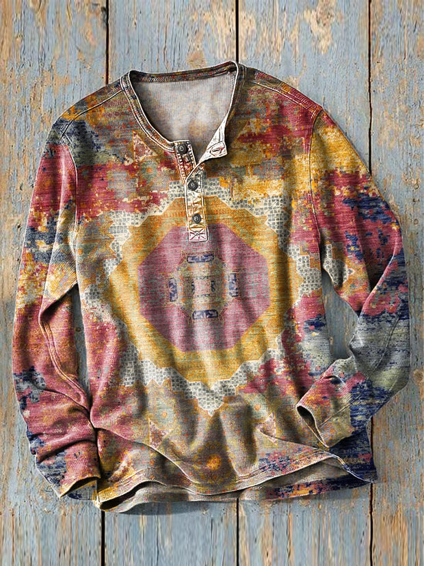 Men's Vintage Multicolor Ethnic Abstract Art Print Long Sleeve Henley Shirt