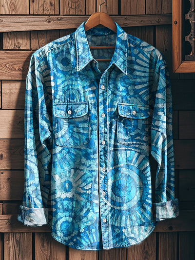 Men's Vintage Tie-Dye Spiral Art Print Long Sleeve Workwear Pocket Shirt