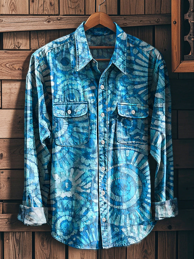 Men's Vintage Tie-Dye Spiral Art Print Long Sleeve Workwear Pocket Shirt