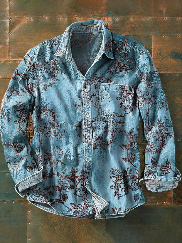Men's Vintage Abstract Gradient Floral Art Print Long Sleeve Pocket Shirt