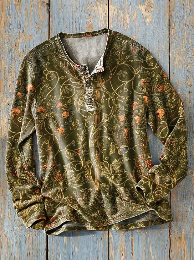 Men's Vintage Vineman Floral Art Print Long Sleeve Henley Shirt