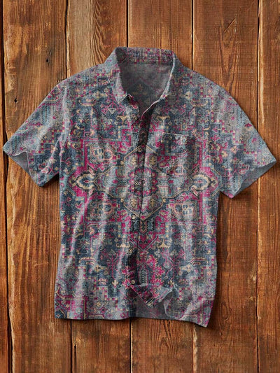 Men's Western Print Casual Lapel Short Sleeve Shirt