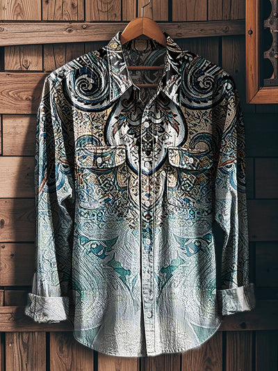 Men's Vintage Western Floral Art Print Long Sleeve Workwear Pocket Shirt