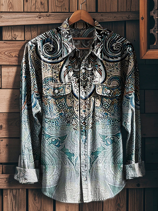 Men's Vintage Western Floral Art Print Long Sleeve Workwear Pocket Shirt