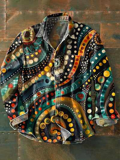 Men's Vintage Colorful Abstract Line Art Print Long Sleeve Pocket Shirt