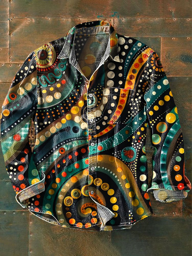 Men's Vintage Colorful Abstract Line Art Print Long Sleeve Pocket Shirt
