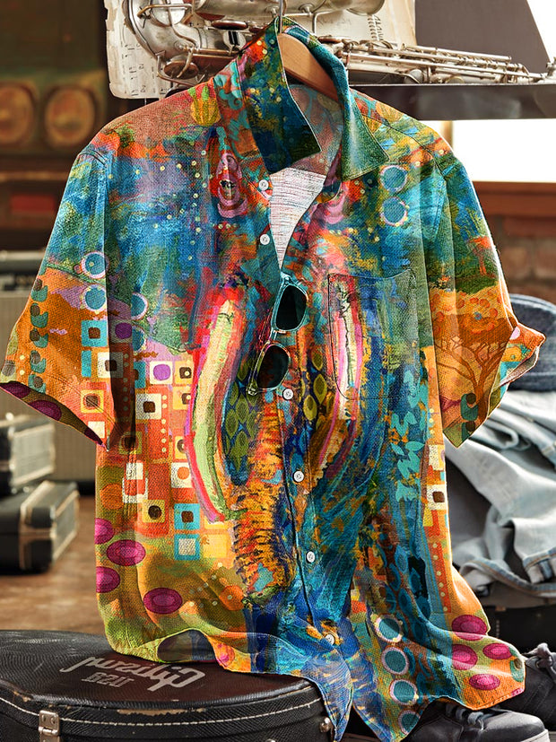 Men's Vintage Colorful Abstract Elephant Art Print Short Sleeve Pocket Shirt
