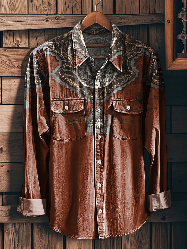 Men's Vintage Western Symmetrical Floral Pattern Long Sleeve Workwear Pocket Shirt