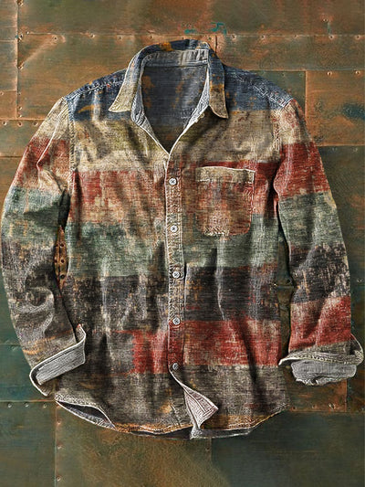 Men's Vintage Colorful Aged Stripe Art Print Long Sleeve Pocket Shirt