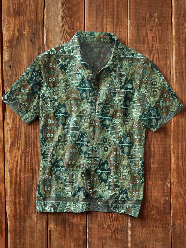 Men's Vintage Tribal Ethnic Print Casual Lapel Short Sleeve Shirt