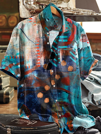 Men's Vintage Colorful Abstract Stripes Art Print Short Sleeve Pocket Shirt