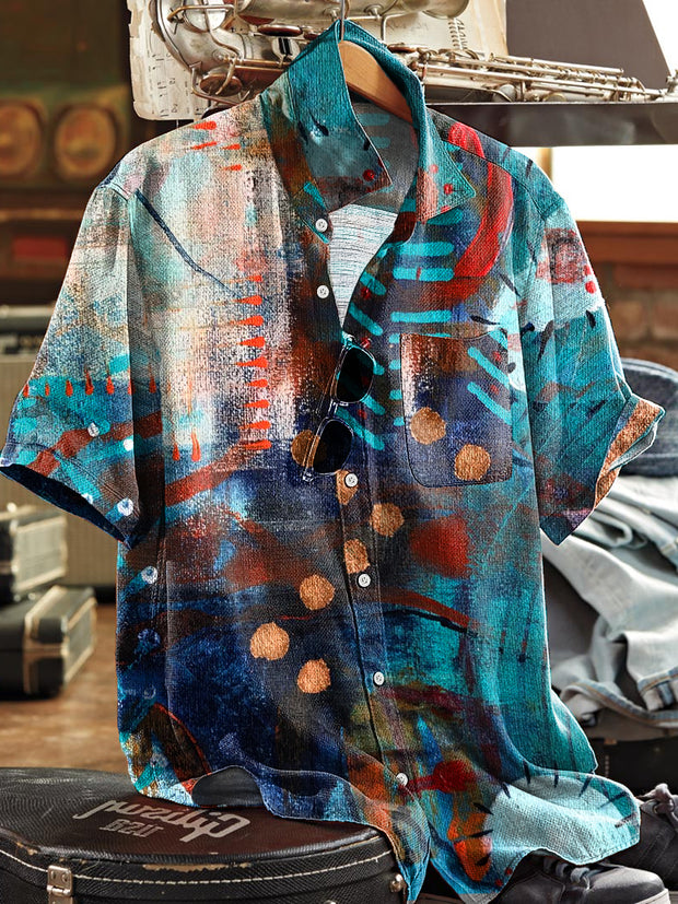 Men's Vintage Colorful Abstract Stripes Art Print Short Sleeve Pocket Shirt