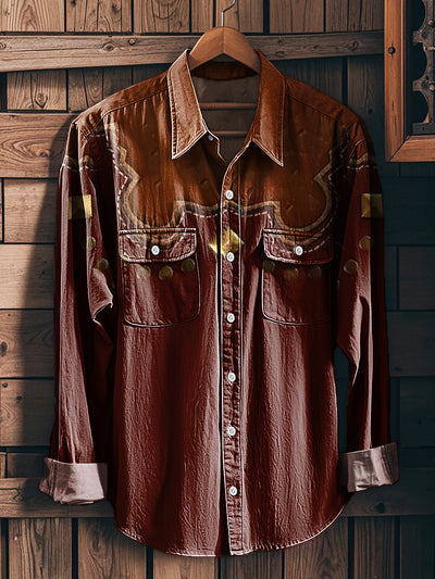 Men's Vintage Western Symmetrical Line Art Print Long Sleeve Workwear Pocket Shirt