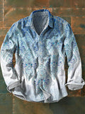 Men's Vintage Gradient Floral Art Print Long Sleeve Pocket Shirt
