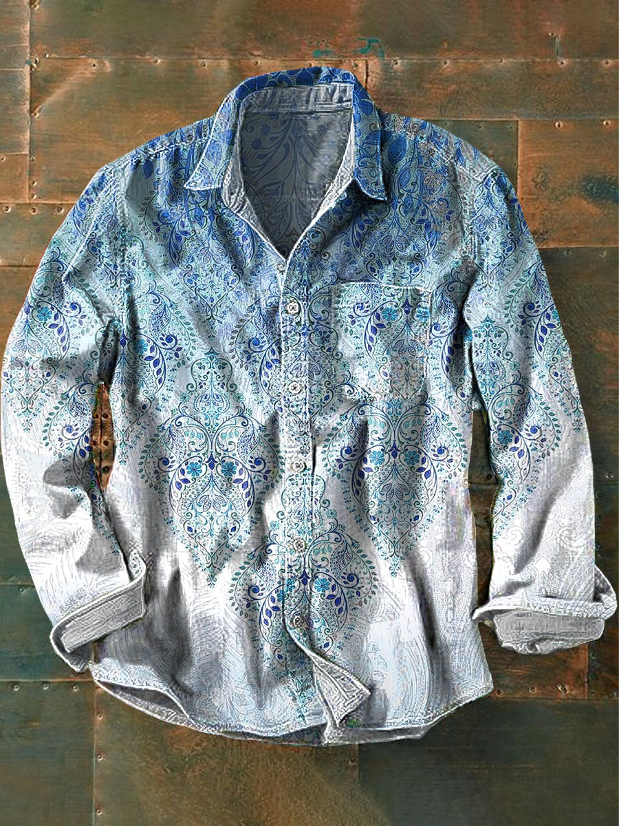 Men's Vintage Gradient Floral Art Print Long Sleeve Pocket Shirt
